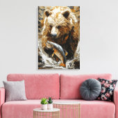 Grijpbare Beer die Vist in Dynamische Impasto Stij Canvas Afdruk (Insitu (Woonkamer))