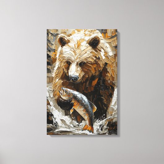 Grijpbare Beer die Vist in Dynamische Impasto Stij Canvas Afdruk (Voorkant)