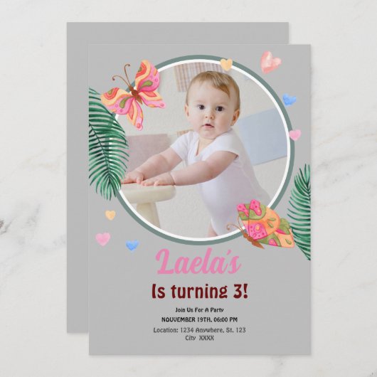 Grijs 1e Verjaardag Vlinder Uitnodiging met Foto (Voorkant / Achterkant)