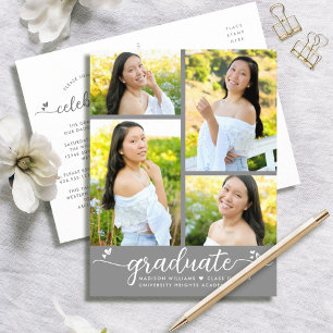 Grijs 4 Foto Afstuderen Modern Girly Script Hearts Uitnodiging Briefkaart