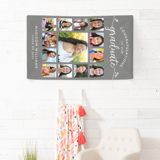 Grijs Afstuderen K-12 Script Photo Collage Modern Spandoek (Insitu)