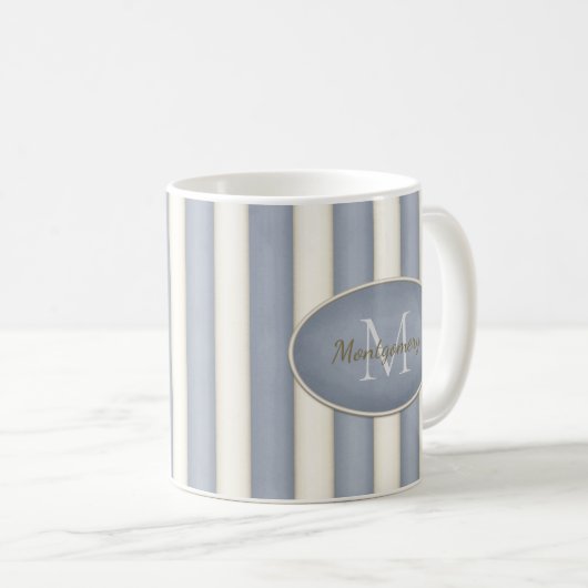 Grijs & Antiek Witte Strepen Ovaal Ingelijst Monog Koffiemok (Voorkant rechts)