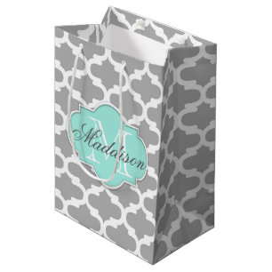 Grijs Aqua Elegant Patroon Monogram Medium Cadeauzakje