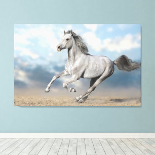 Grijs Arabisch paard galoppeert door zandlandschap Canvas Afdruk