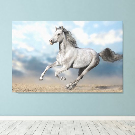 Grijs Arabisch paard galoppeert door zandlandschap Canvas Afdruk (Insitu (Houten vloer))