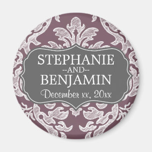 Grijs & Aubergine Damast Patroon Bruiloft Favor Magneet