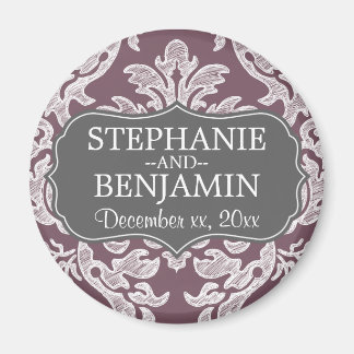 Grijs & Aubergine Damast Patroon Bruiloft Favor Magneet