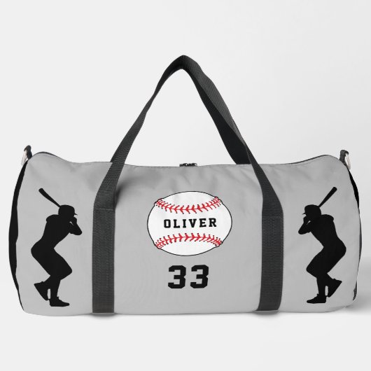 Grijs Baseball Speler Silhouet Naam Nummer Plunjezak (Voorkant)