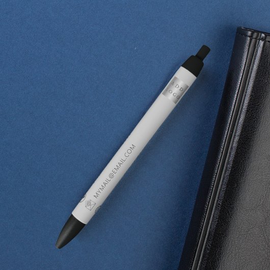 Grijs bedrijf logo naam telefoon mail website zwarte inkt pen