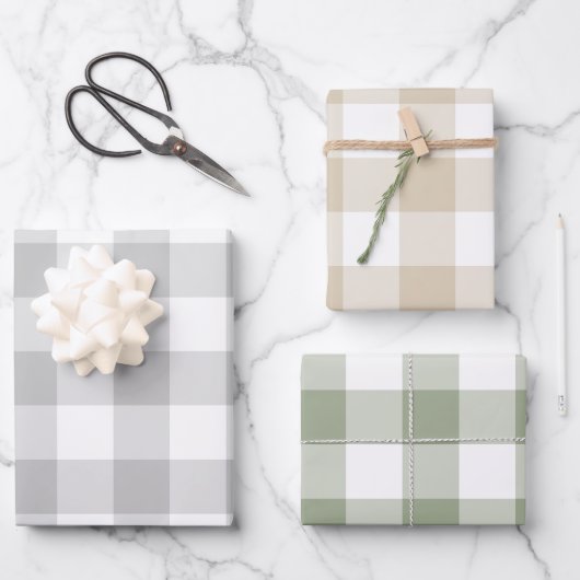 Grijs Beige Saliegroen Gingham Geruit Inpakpapier Vel (Voorkant)