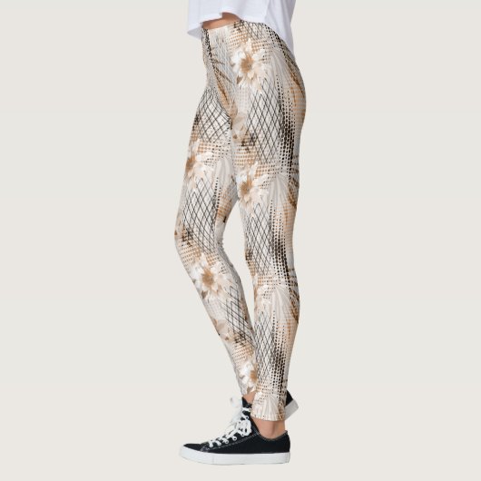 Grijs, beige tropisch patroon. leggings (Links)
