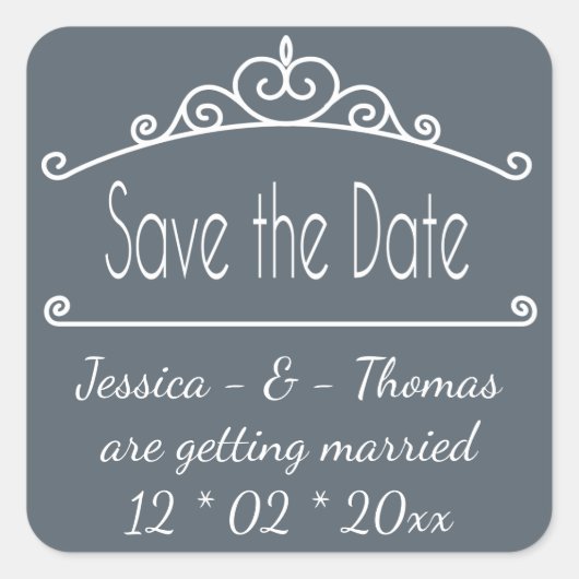 Grijs Bewaar de datum Slate Wit Verloving Bruiloft Vierkante Sticker (Voorkant)