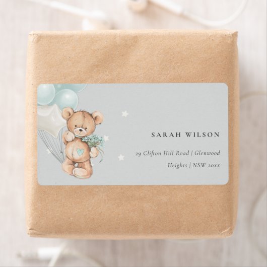 Grijs blauw Beer ballon Floral Bunch Heart Adres Etiket (Insitu)