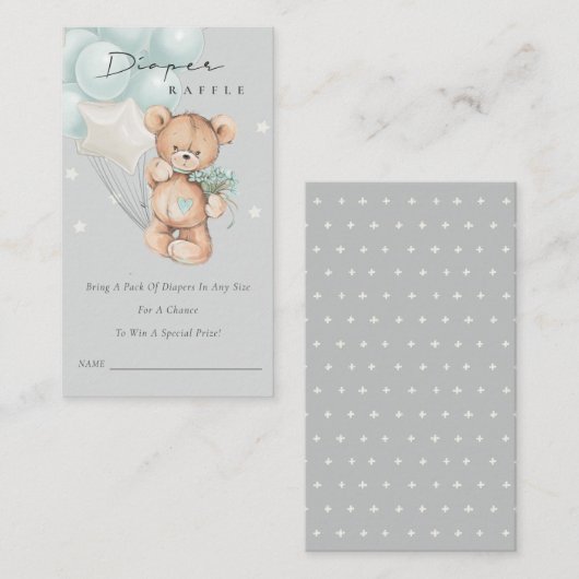 Grijs blauw Beer ballon Luidbaar Raffle Baby showe Informatiekaartje (Voorkant / Achterkant)