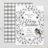 Grijs Blauw Bloemen Buffel Check Foto Kerst Feestdagenkaart (Voorkant / Achterkant)