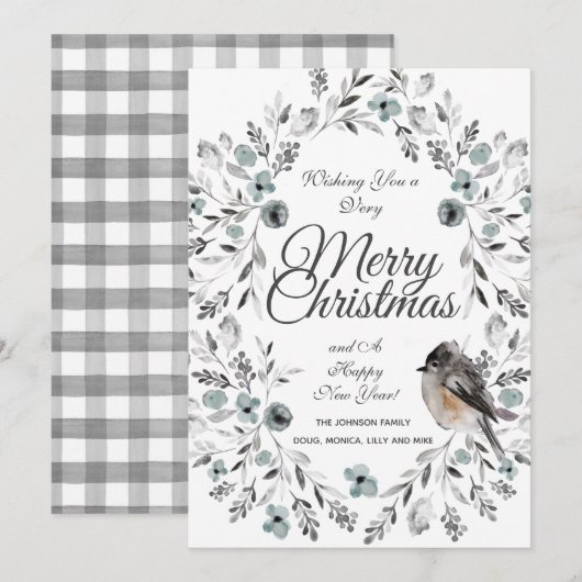 Grijs Blauw Bloemen Buffel Check Foto Kerst Feestdagenkaart (Voorkant / Achterkant)