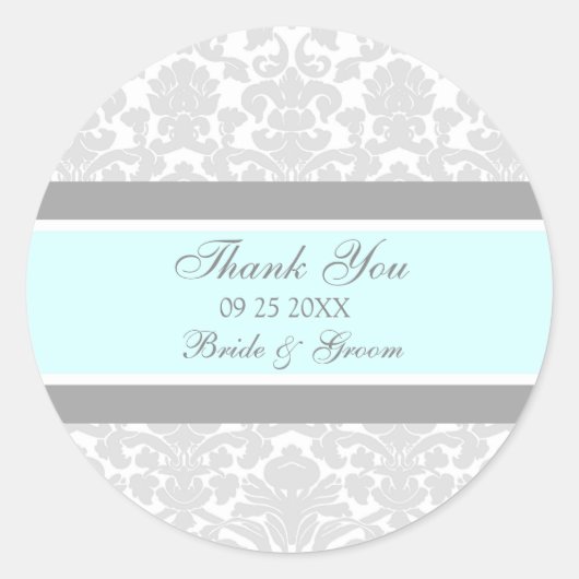 Grijs Blauw Damask Dank u bruiloft gunst Labels (Voorkant)