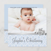 Grijs Blauw Damask Jongens Foto Christening Kaart (Voorkant / Achterkant)