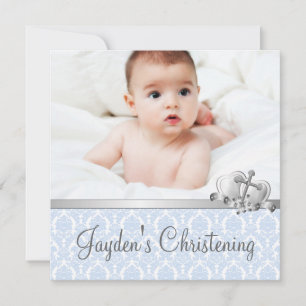 Grijs Blauw Damask Jongens Foto Christening Kaart