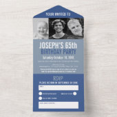 Grijs blauw drie foto's 65th Verjaardagsfeest All In One Uitnodiging (Binnen)