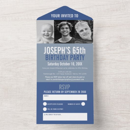 Grijs blauw drie foto's 65th Verjaardagsfeest All In One Uitnodiging (Binnen)
