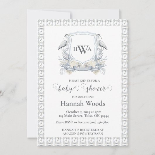 Grijs Blauw Heron Monogram Crest Baby shower Kaart (Voorkant)