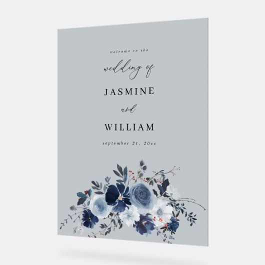 Grijs- Blauw & Navy Bloemen bruiloft Welkom Acryl Bord (Hoek)