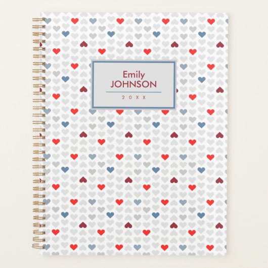 Grijs Blauw Rood Hart Patroon Planner (Voorkant)