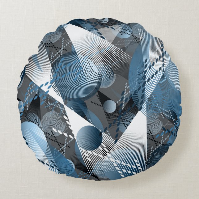 Grijs, blauw, wit abstract patroon. rond kussen (Voorkant)