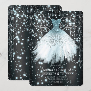 Grijs Blauw & Zilver Glitter Jurk Sweet 16 Feestje Kaart