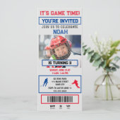 Grijs & blauwe Hockey Ticket Verjaardagsfeest Uitn Kaart (Staand voorkant)