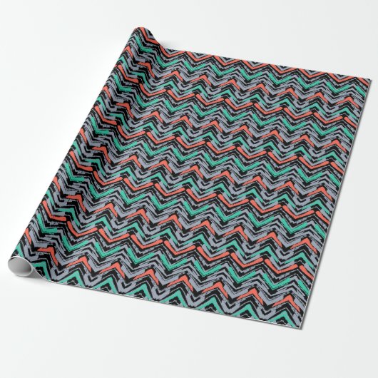 Grijs, Blauwgroen en koraal met Chevron Pattern Cadeaupapier (Uitgerold)