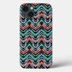 Grijs, Blauwgroen en koraal met Chevron Pattern iPhone 13 Hoesje