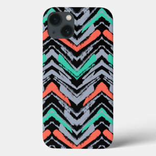 Grijs, Blauwgroen en koraal met Chevron Pattern iPhone 13 Hoesje