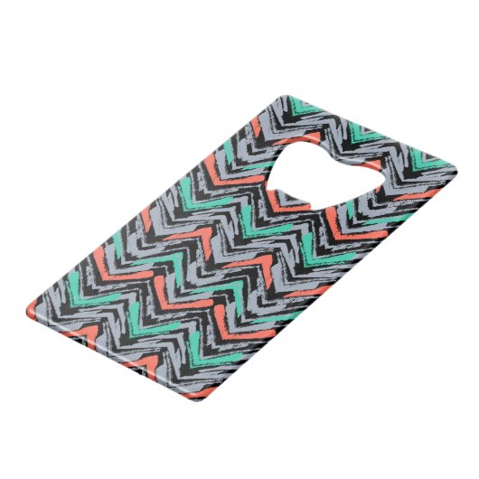 Grijs, Blauwgroen en koraal met Chevron Pattern Creditkaart Flessenopener (Achterkant Gekanteld)