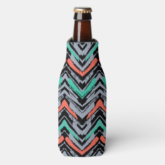 Grijs, Blauwgroen en koraal met Chevron Pattern Flesjeskoeler (Fles Voorkant)