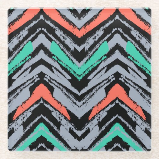 Grijs, Blauwgroen en koraal met Chevron Pattern Glazen Onderzetter (Voorkant)