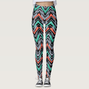 Grijs, Blauwgroen en koraal met Chevron Pattern Leggings