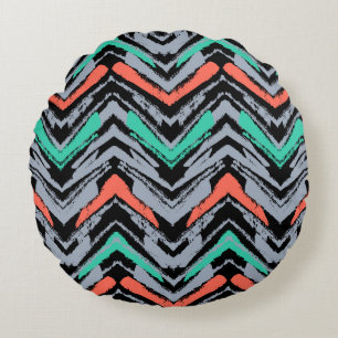 Grijs, Blauwgroen en koraal met Chevron Pattern Rond Kussen