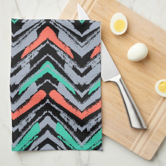 Grijs, Blauwgroen en koraal met Chevron Pattern Theedoek (Quarter Fold)