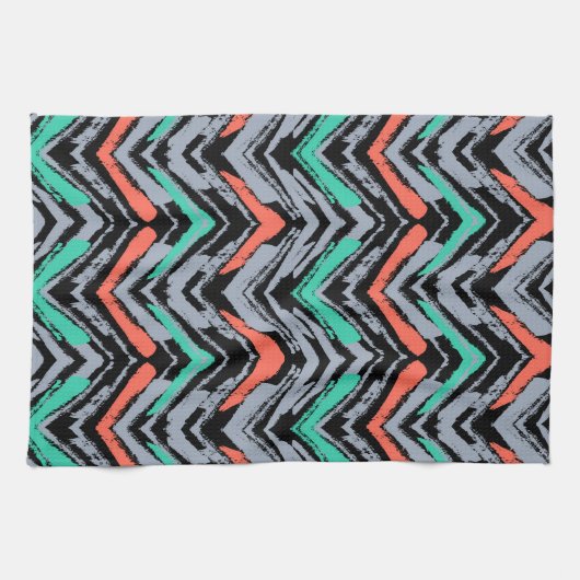 Grijs, Blauwgroen en koraal met Chevron Pattern Theedoek (Horizontaal)