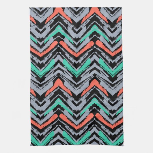 Grijs, Blauwgroen en koraal met Chevron Pattern Theedoek (Verticaal)