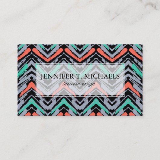 Grijs, Blauwgroen en koraal met Chevron Pattern Visitekaartje (Voorkant)
