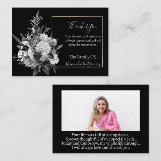 Grijs Bloem Foto Sympathie Bedankt Notitiekaartje (Voorkant / Achterkant)