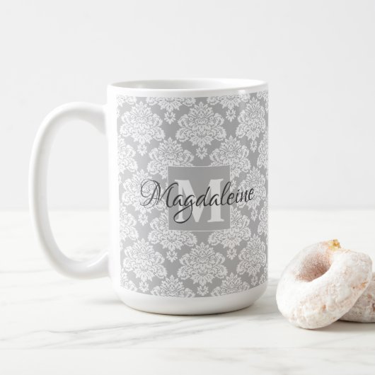  Grijs Bloemen Damast Patroon Monogram & Naam Koffiemok (Met donut)