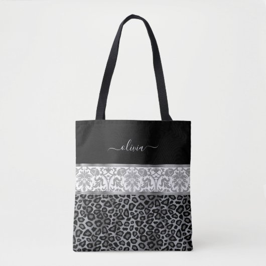 Grijs Bloemen en Luipaard Patroon Tote Bag (Voorkant)