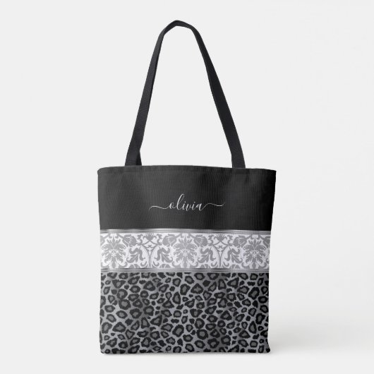 Grijs Bloemen en Luipaard Patroon Tote Bag (Achterkant)