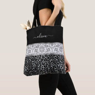 Grijs Bloemen en Luipaard Patroon Tote Bag