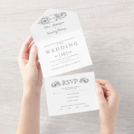  grijs bloemen lijst, initialen wit bruiloft all in one uitnodiging