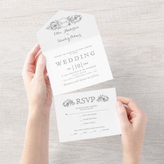  grijs bloemen lijst, initialen wit bruiloft all in one uitnodiging (Afscheurbaar)